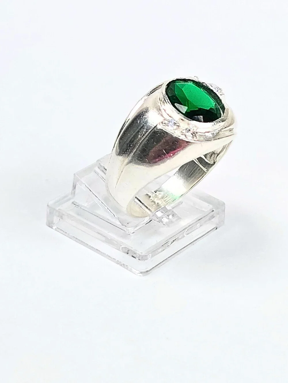 925 Sterling Silver Men's Statement Ring Green Round CZ Polished Finish Size 9